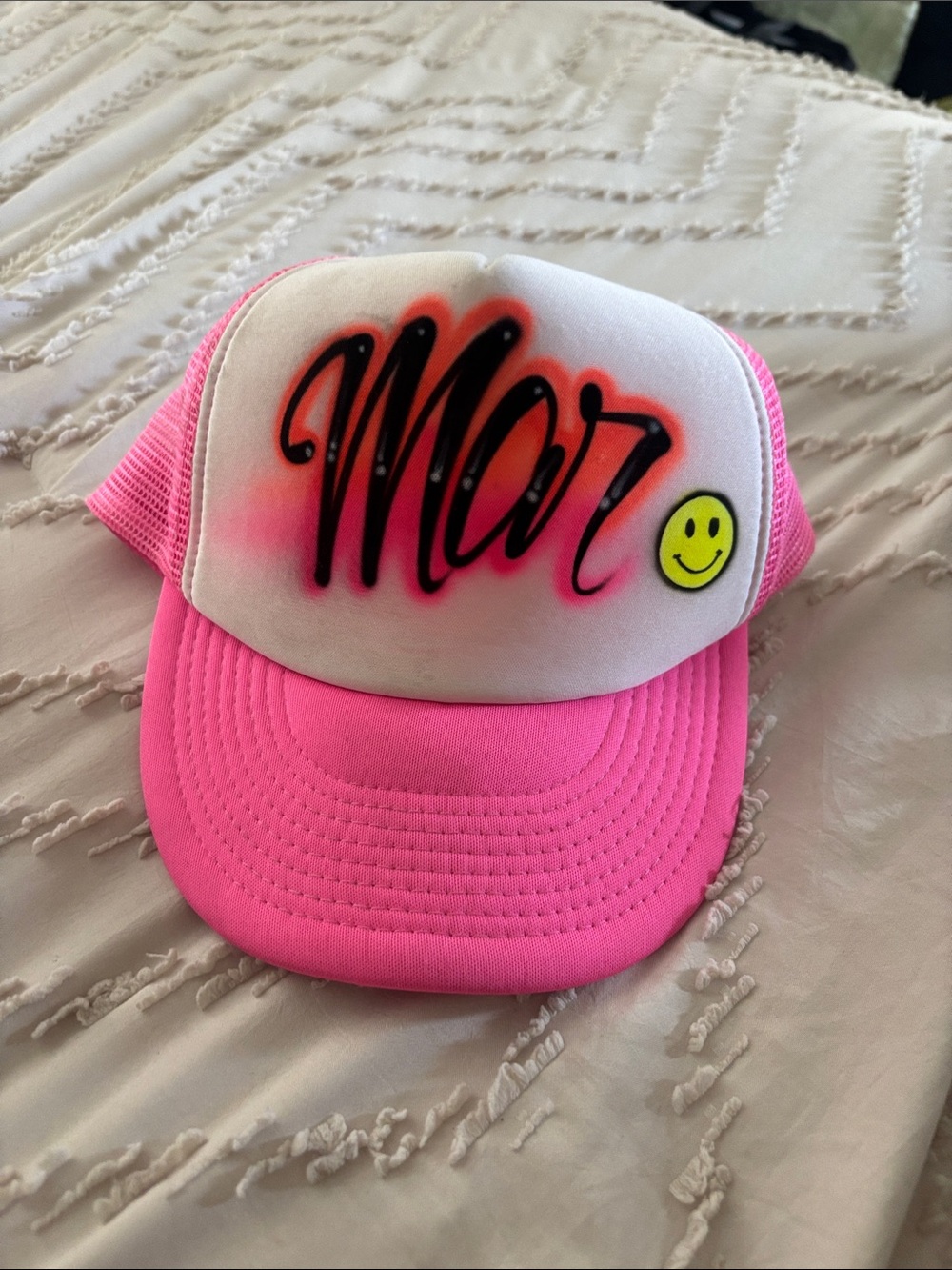 Pink Kids Trucker Hat with 'Mar' Airbrush Design and Smile Patch